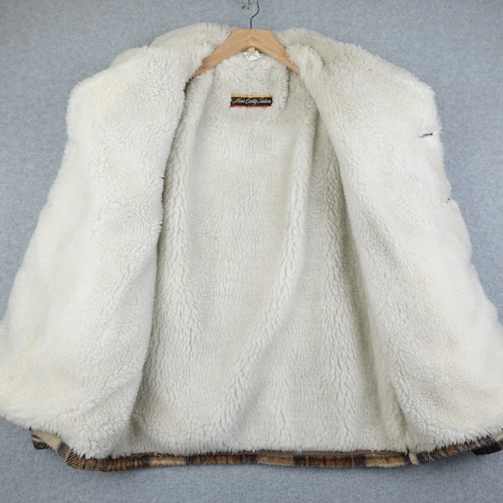 Vintage Montgomery Ward Wool Blend Jacket Mens Medium Plaid Sherpa Button 70s